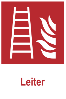 Schild Rot mit Symbol Brandschutzzeichen nach DIN ISO 7010 und Text Leiter