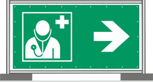 Bauzaunbanner Mesh Grün mit weißem Symbol nach DIN ISO 7010 Notarzt Station rechts