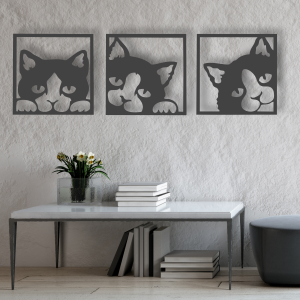 Wanddekoration aus Holz  dreiteilig mit Katzen