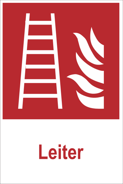 Hinweisschild Rot mit Brandschutzeichen nach DIN ISO 7010 und Text Leiter