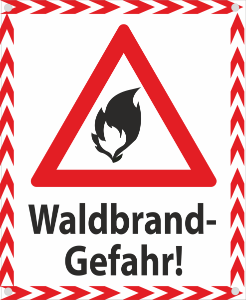 Hinweisbanner Weiß Rot mit Text Waldbrandgefahr sowie Warnsymbol