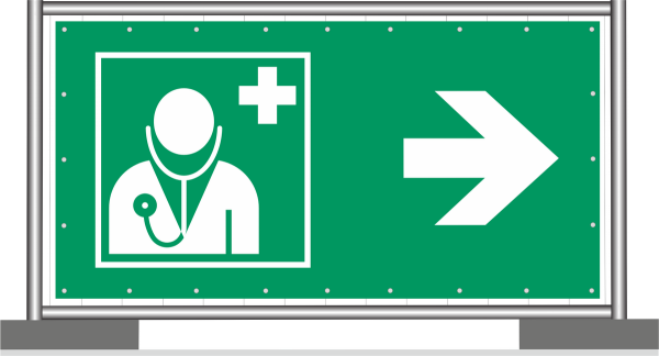 Bauzaunbanner Mesh Grün mit weißem Symbol nach DIN ISO 7010 Notarzt Station rechts