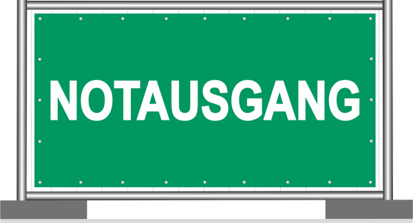 Bauzaunbanner grundfarbig Grün mit weißer Aufschrift Notausgang
