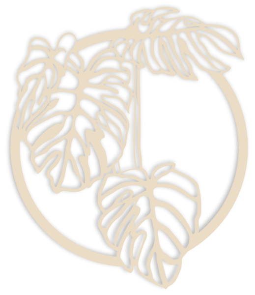 Rundes Holzbild mit Monstera Blättern in verschiedenen Farben und Grössen